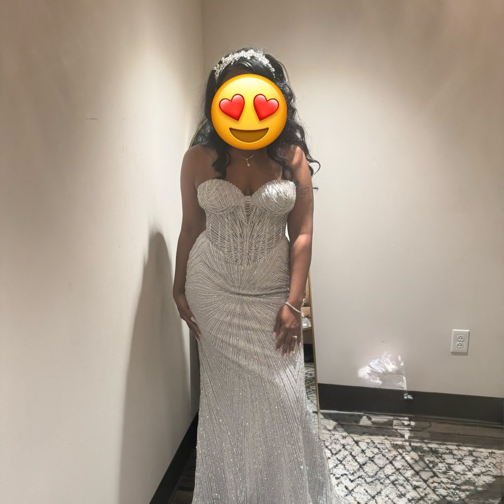 Ladivine by Cinderella Divine Silver Strapless Crystal Gown